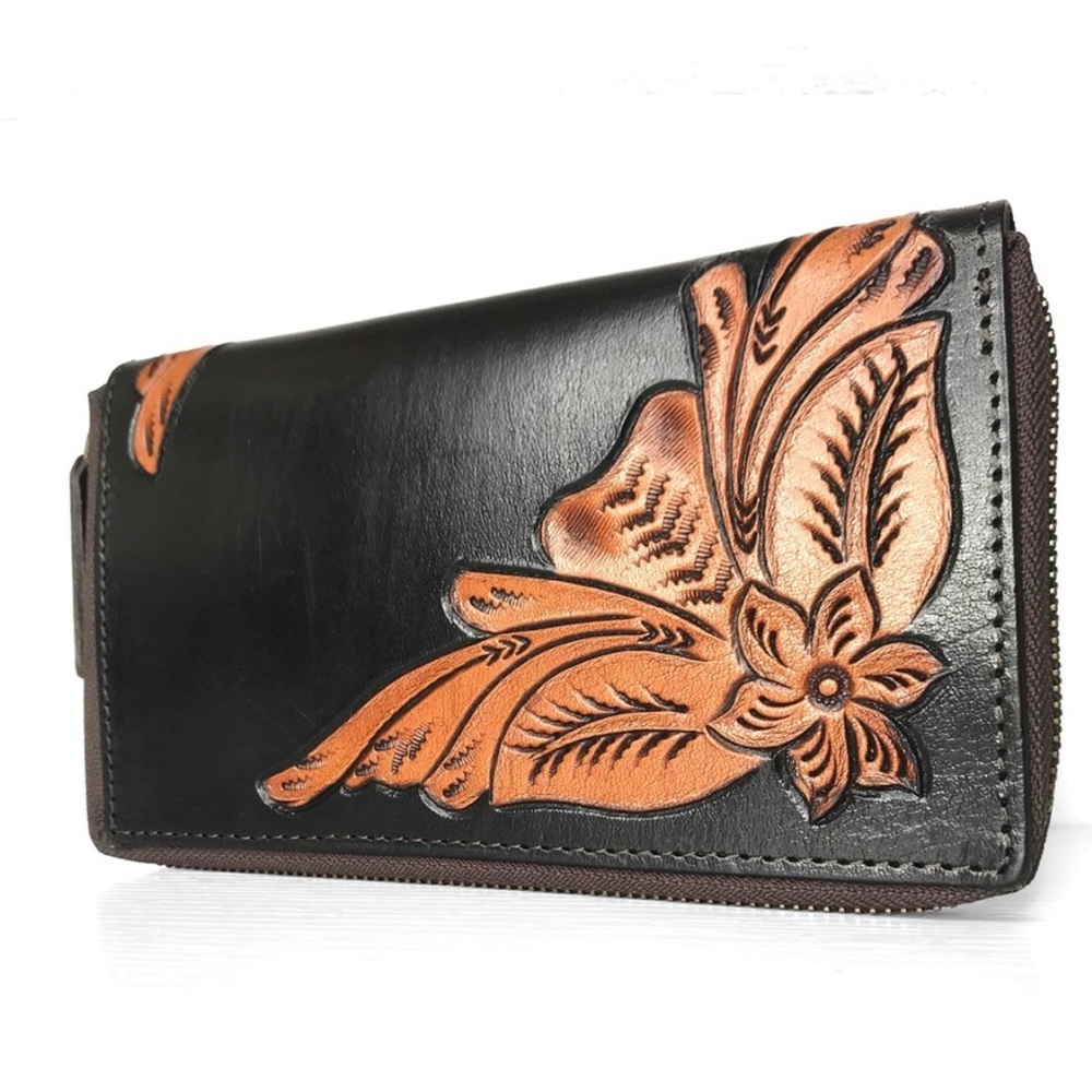 Leather Black and Tan Floral Hand Tooled Zip Wallet - Picture 2 of 5